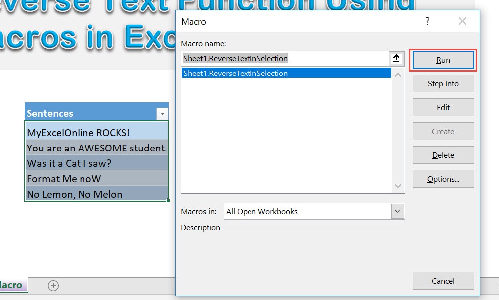 Reverse Text Function Using Macros In Excel | MyExcelOnline