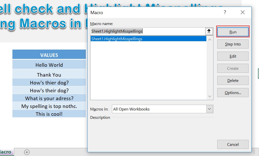 Spell check and Highlight Misspellings Using Macros In Excel