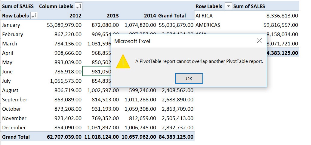 A PivotTable report cannot overlap another PivotTable report - Solution