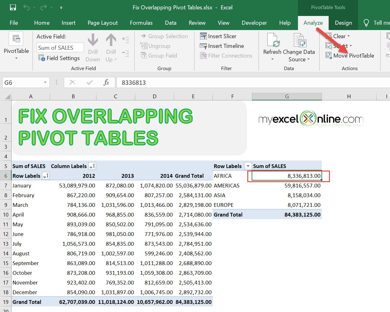 A PivotTable report cannot overlap another PivotTable report - Solution