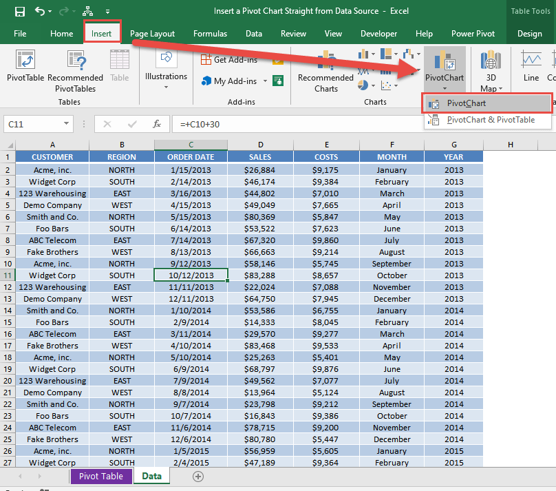 Insert a Pivot Chart Straight From Data Source