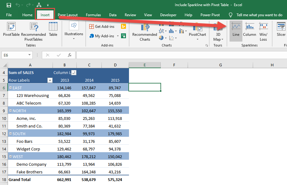 Include Sparkline with Pivot Table