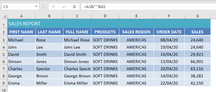 & operator to merge cells in excel