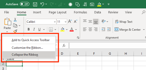 collapse excel ribbon