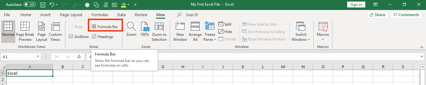 excel formula bar in view tab