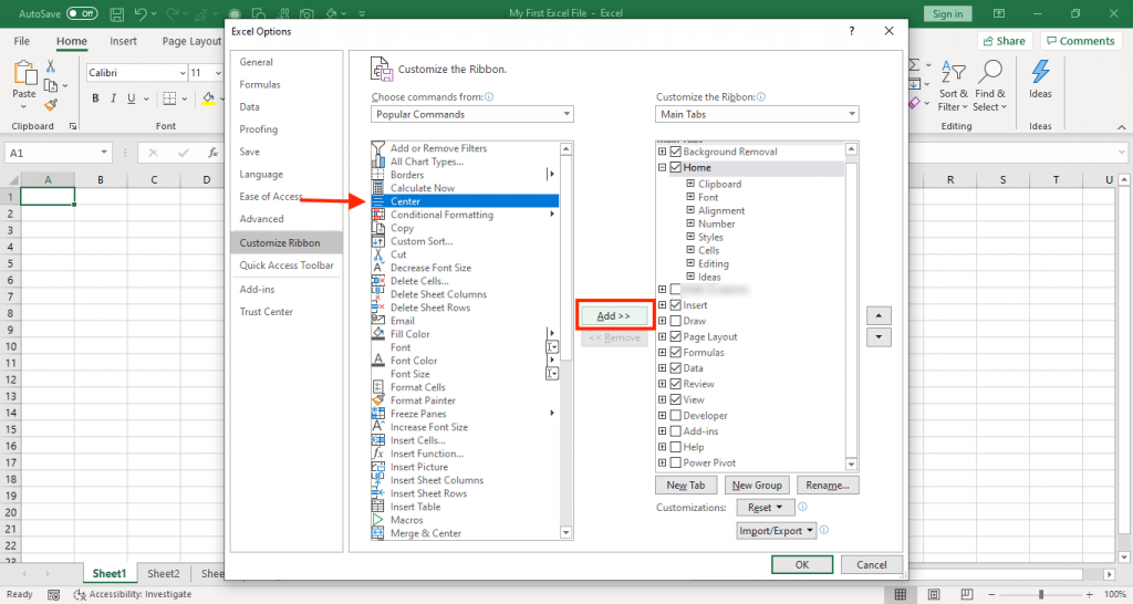 add command to excel tab