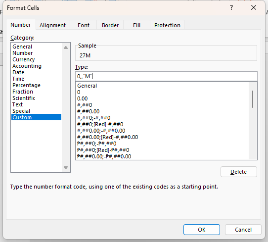 excel custom number format millions and thousands