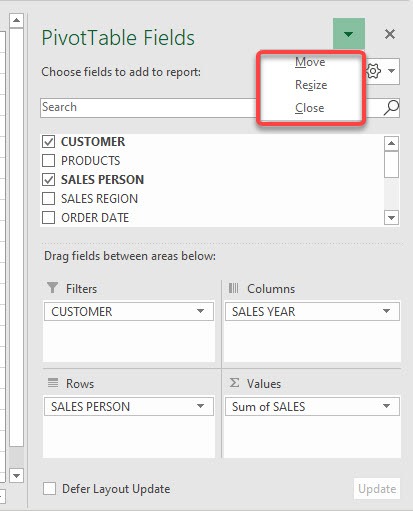 Excel Pivot Table Field List - Activate, move, resize & layout