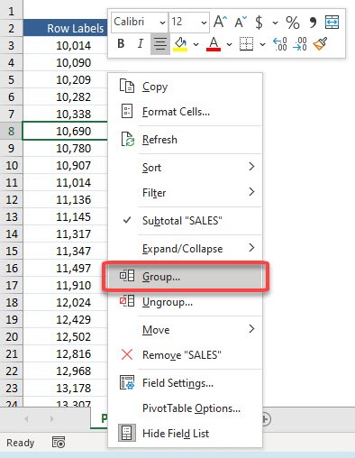 Group by Sales Range in Excel Pivot Tables