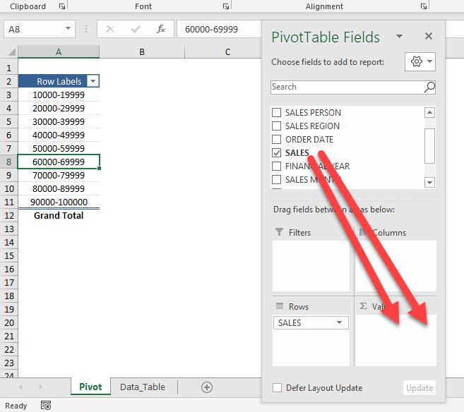 Group by Sales Range in Excel Pivot Tables