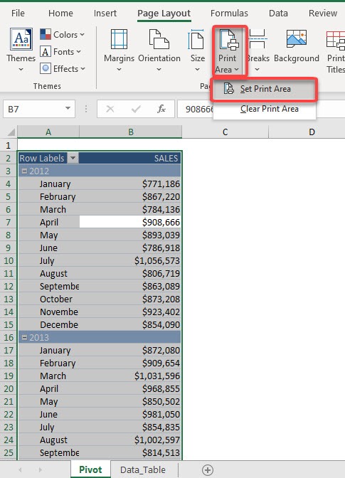 Print Excel Pivot Table on two pages