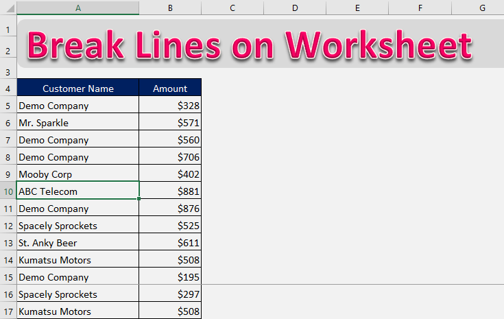 Break Line on Worksheet