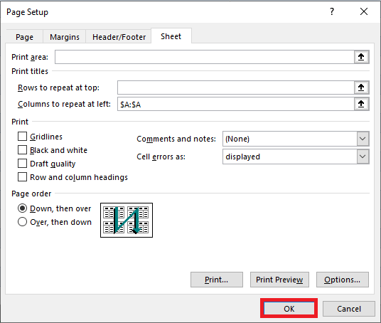 Print Excel header row and column on Every Page