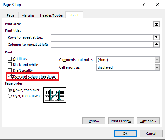 Print Excel header row and column on Every Page