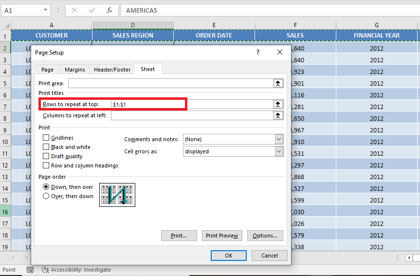 Print Excel header row and column on Every Page