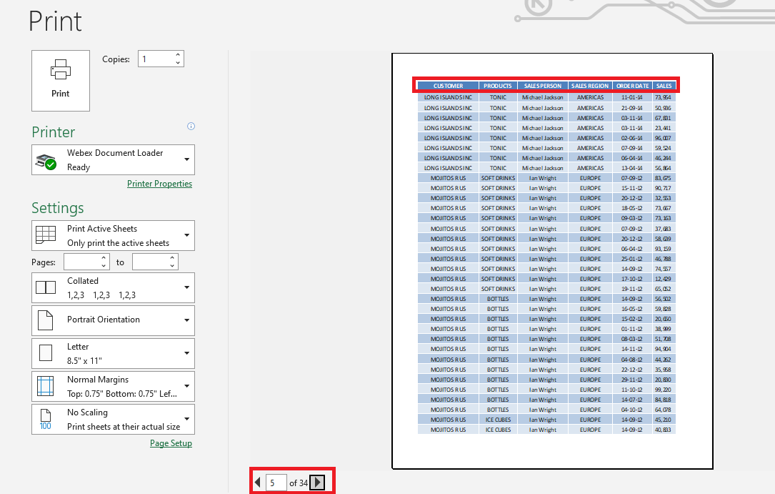 Print Excel header row and column on Every Page