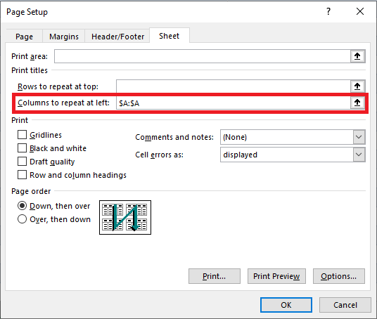 Print Excel header row and column on Every Page