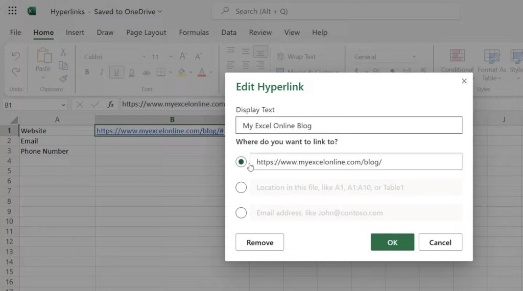 Inserting a Hyperlink in Microsoft Excel