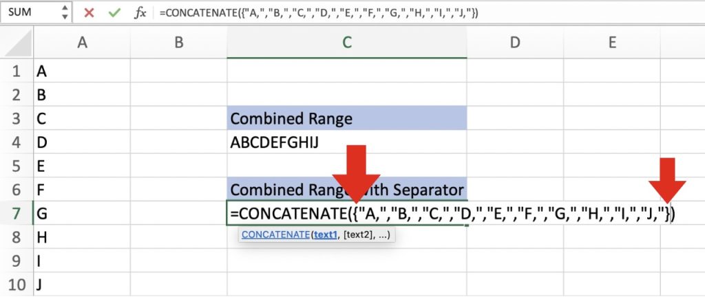 Combining Cell Ranges in Excel