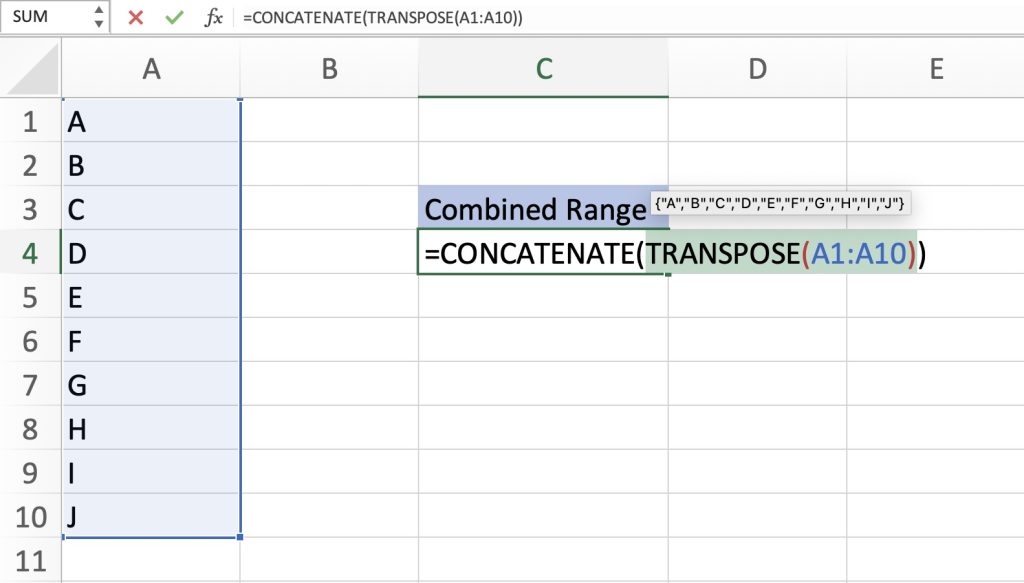 Concatenate - Combining Cell Ranges in Excel