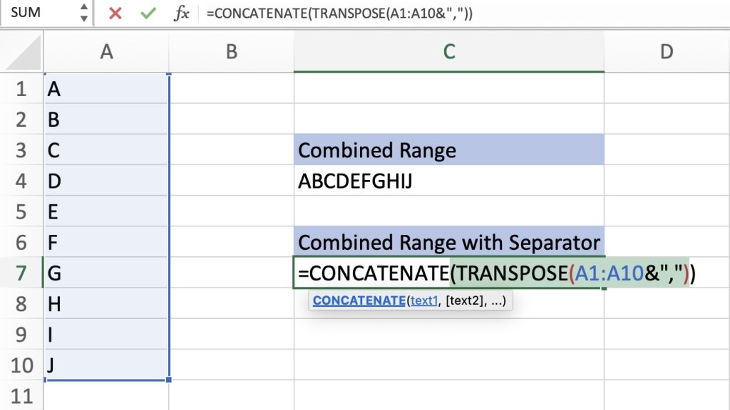 Concatenate - Combining Cell Ranges in Excel