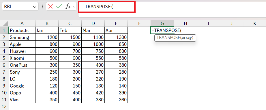 Transpose in Excel