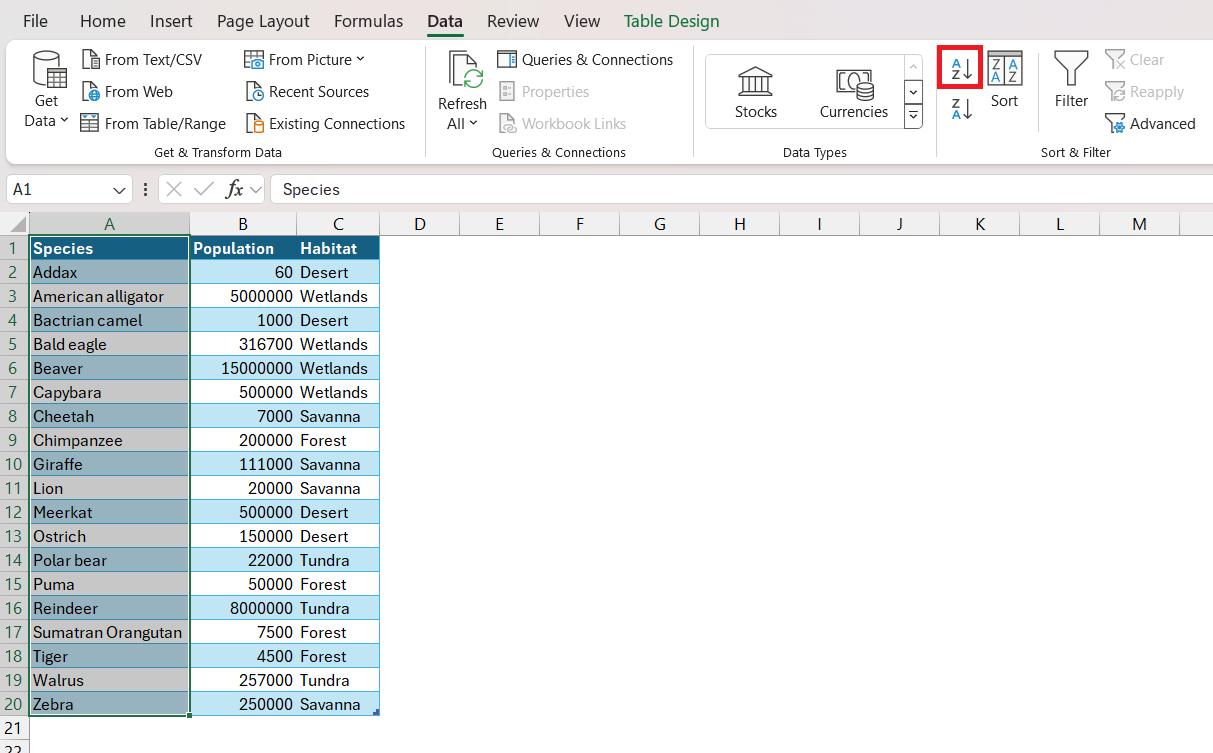 Sort Data in Excel