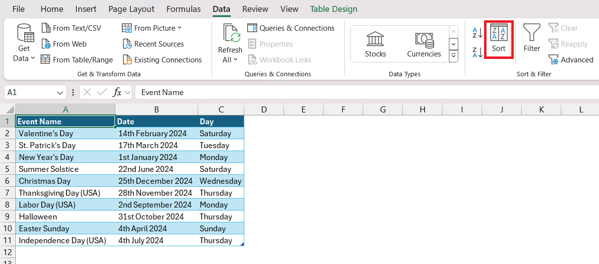 Sort Data in Excel