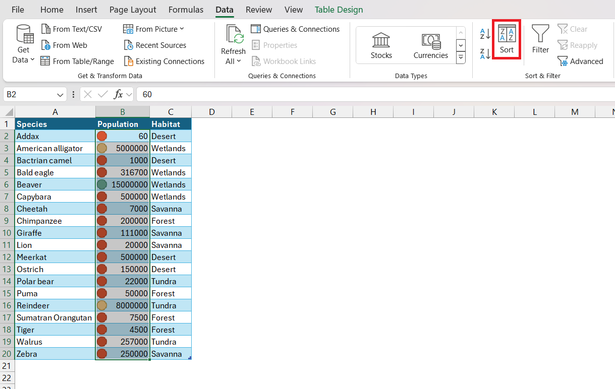 Sort Data in Excel