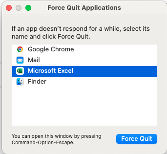 force quit on excel mac