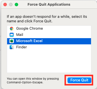 force quit on excel mac