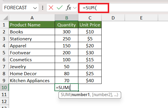 Add numbers in excel