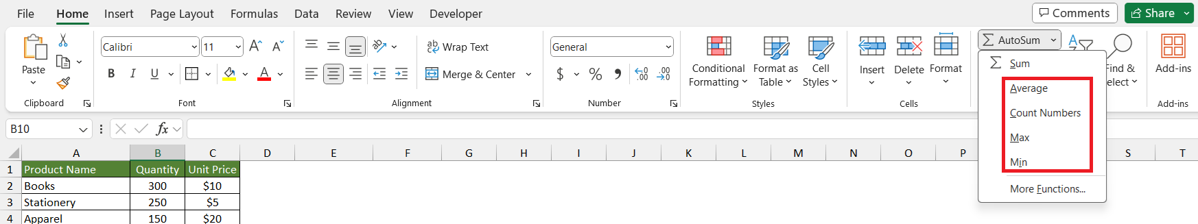 Add numbers in excel