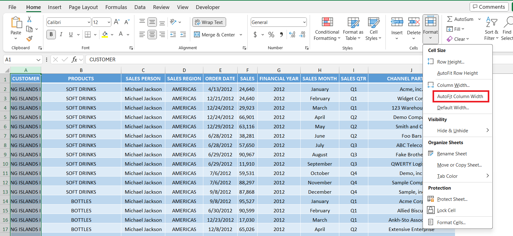 autofit column in excel