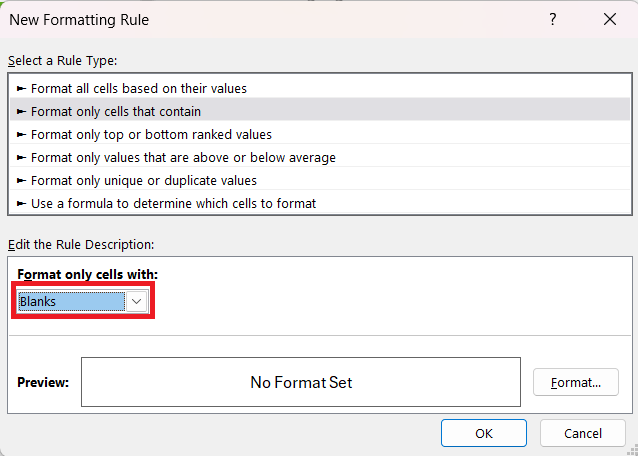 conditional format blank cells in excel