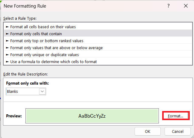 conditional format blank cells in excel