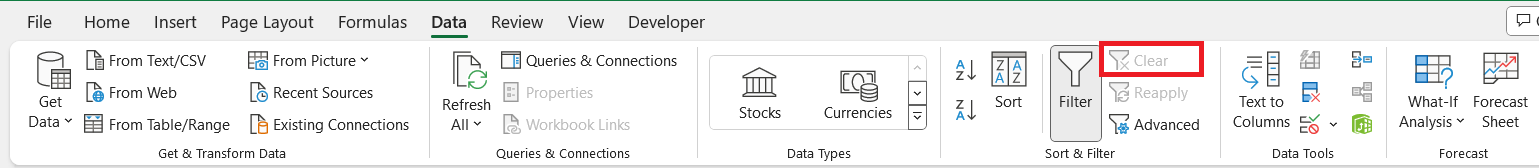 unfiltering in excel