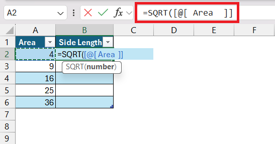 square root in excel