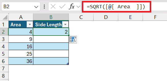 square root in excel