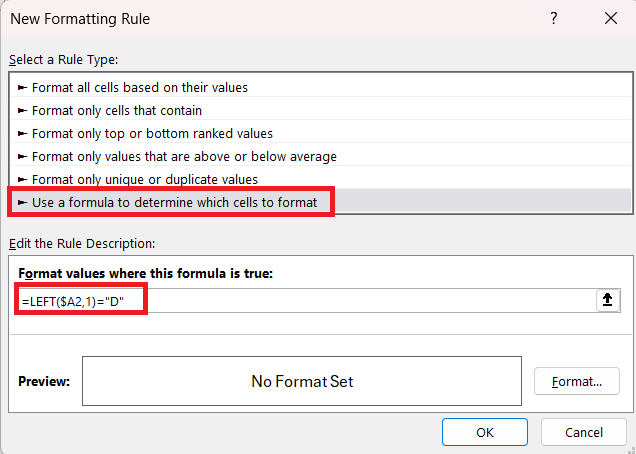 highlight rows that starts with d