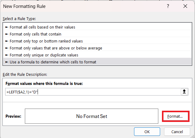 highlight rows that starts with d