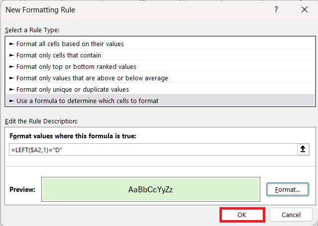 highlight rows that starts with d