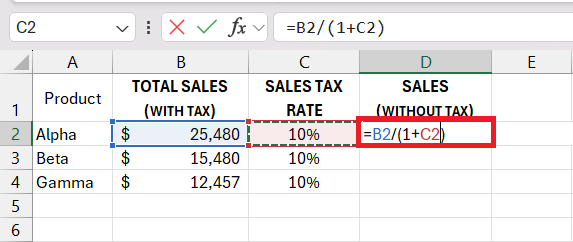 Reverse Sales Tax Calculation in Excel