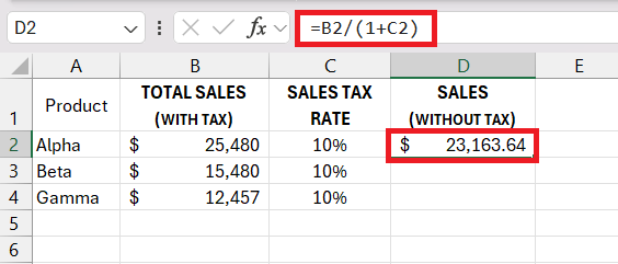 Reverse Sales Tax Calculation in Excel