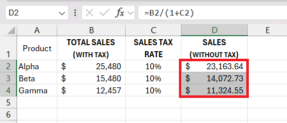 Reverse Sales Tax Calculation in Excel