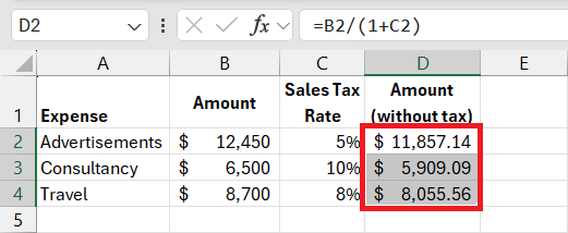 Reverse Sales Tax Calculation in Excel