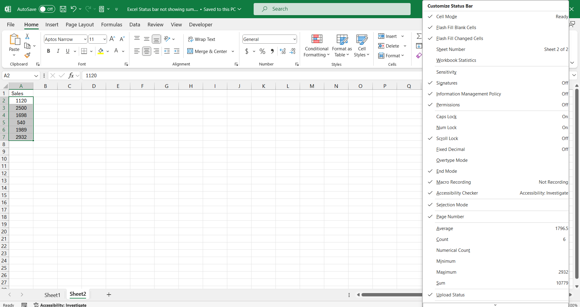 Excel Status Bar Not Showing Sum