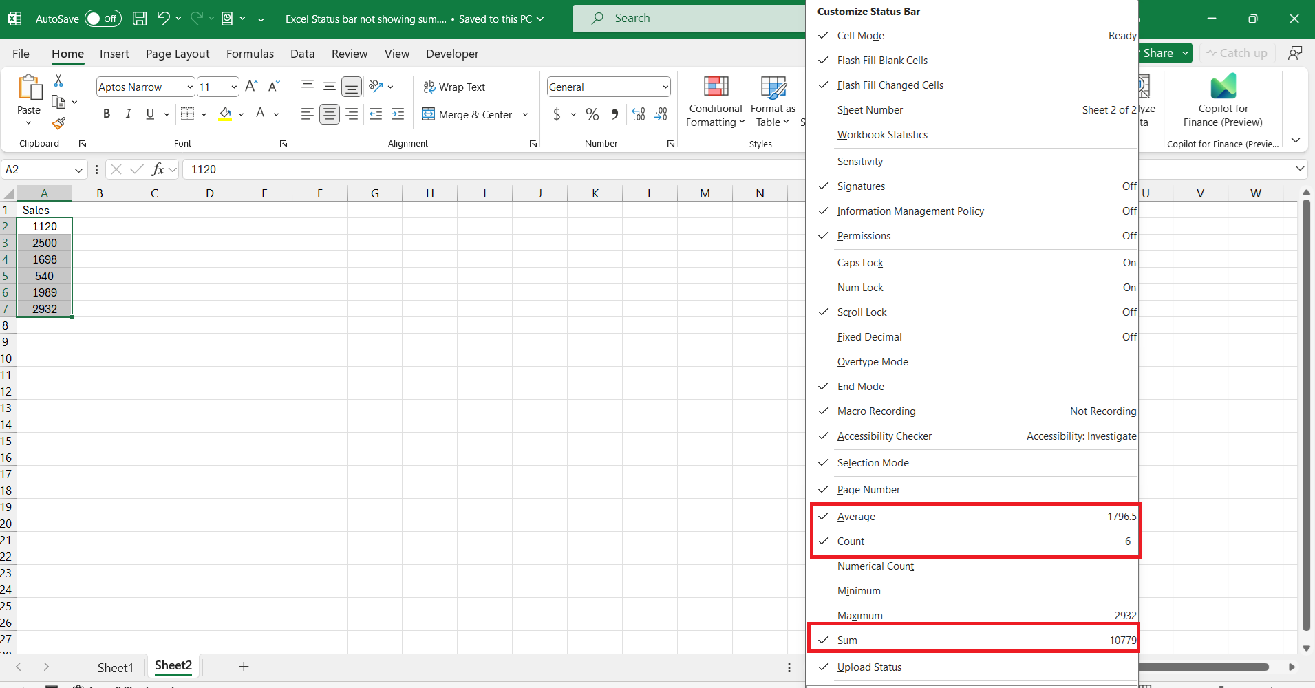 Excel Status Bar Not Showing Sum