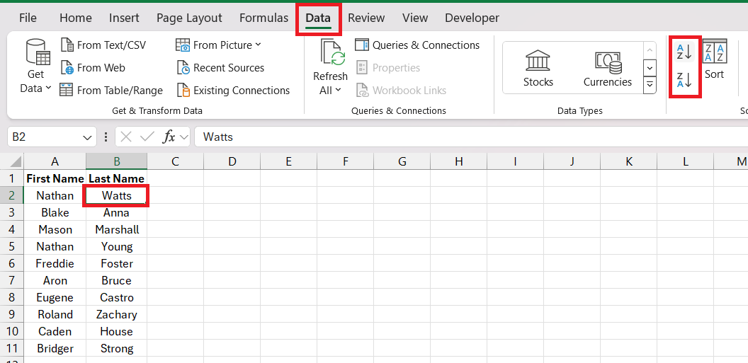 sort by name in excel