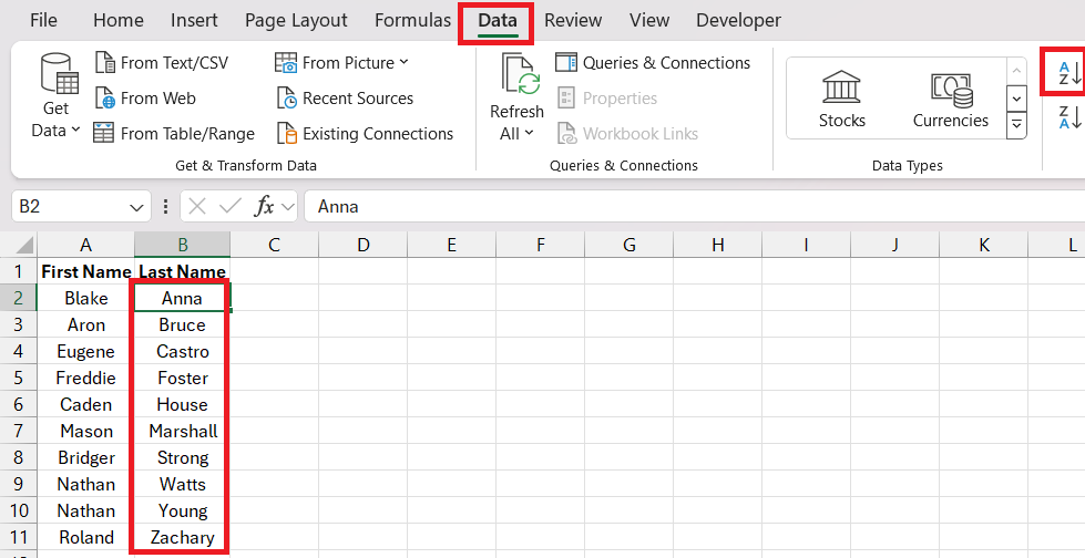 sort by name in excel